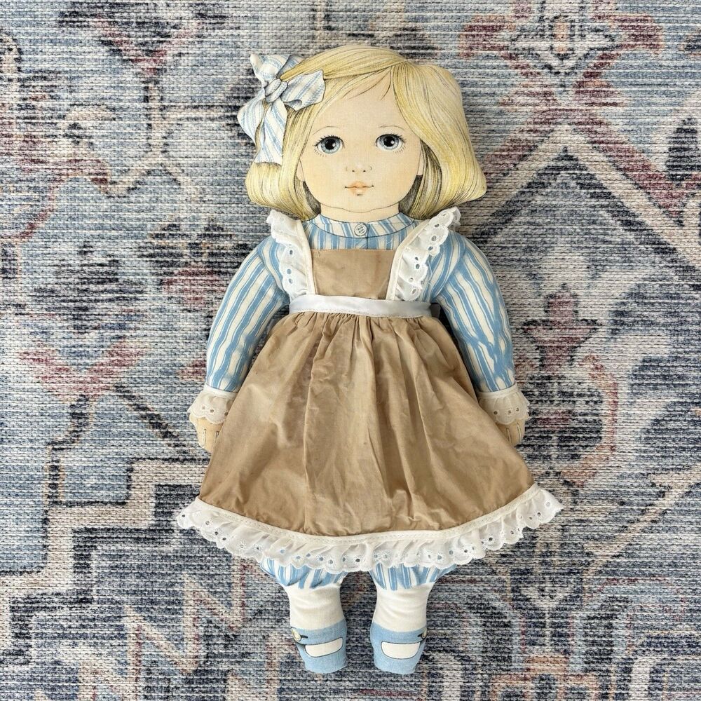 Vtg Cloth Plush Doll 1984 Toy Works Valerie Leonard Blue Stripes Pinafore Blonde - Picture 3 of 16